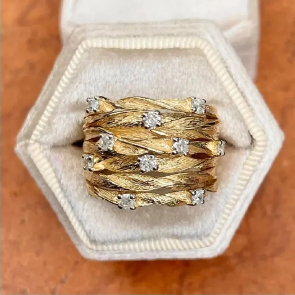 Gorgeous 18k Yellow Gold Over Silver White Sapphires Intertwined Bands Ring